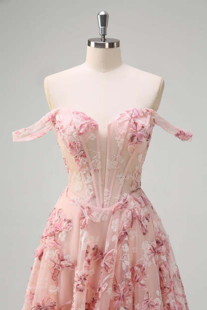 Pink Off the Shoulder Corset A-Line Floral Prom Dress with Slit