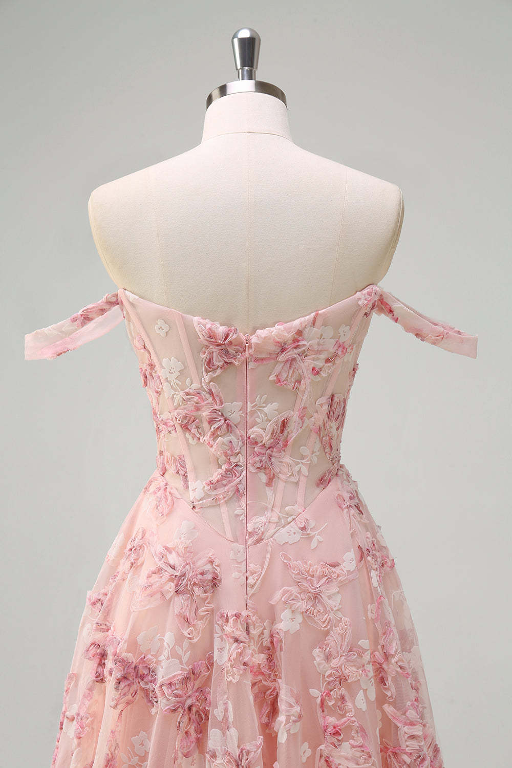 Pink Off the Shoulder Corset A-Line Floral Prom Dress with Slit