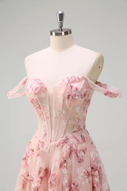 Pink Off the Shoulder Corset A-Line Floral Prom Dress with Slit