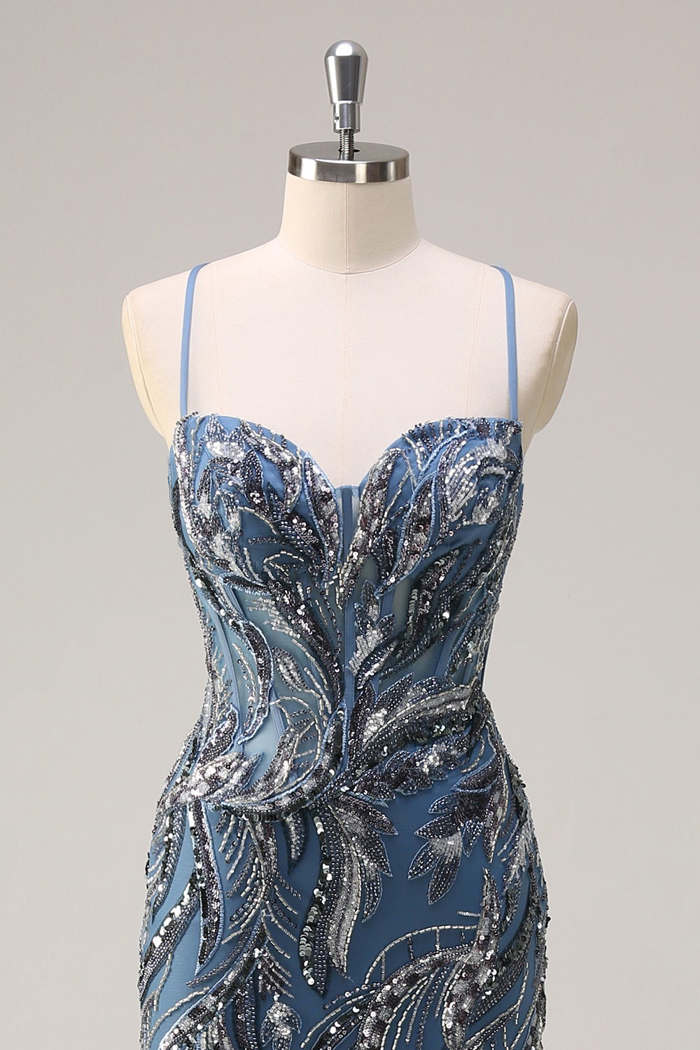 Green Spaghetti Straps Sequins Beaded Prom Dress with Slit