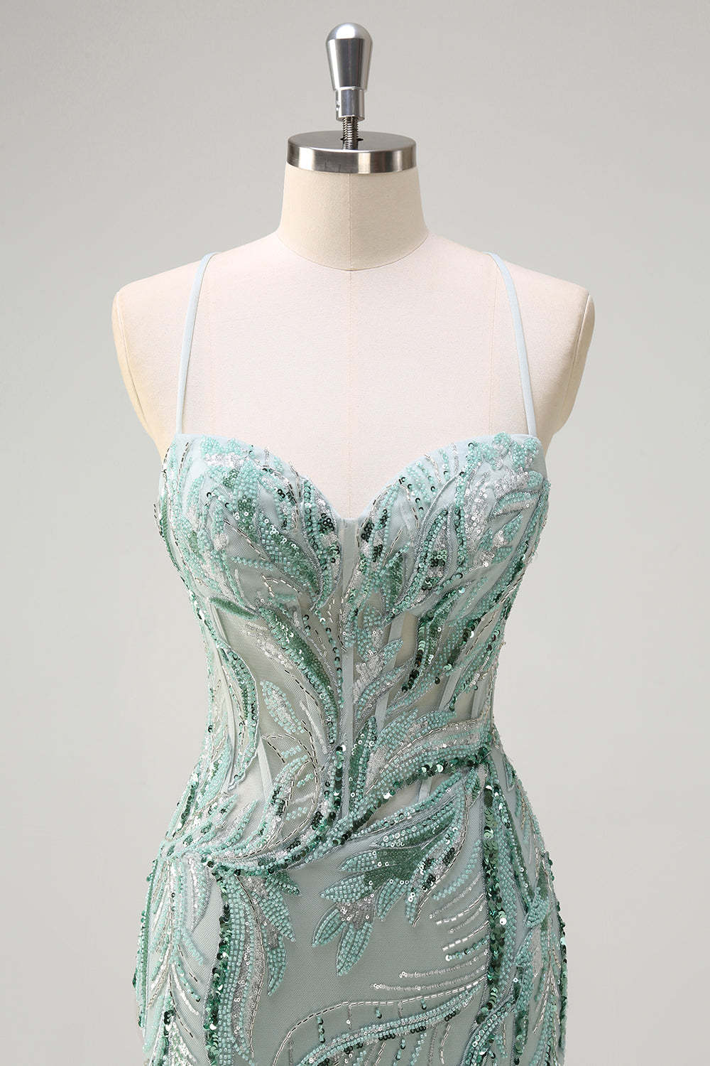 Green Spaghetti Straps Sequins Beaded Prom Dress with Slit