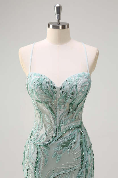 Green Spaghetti Straps Sequins Beaded Prom Dress with Slit