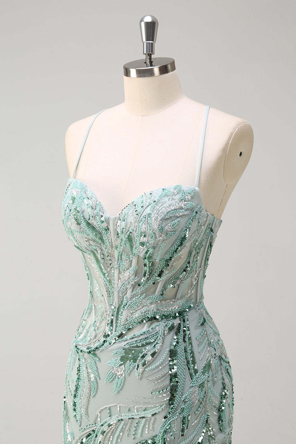 Green Spaghetti Straps Sequins Beaded Prom Dress with Slit