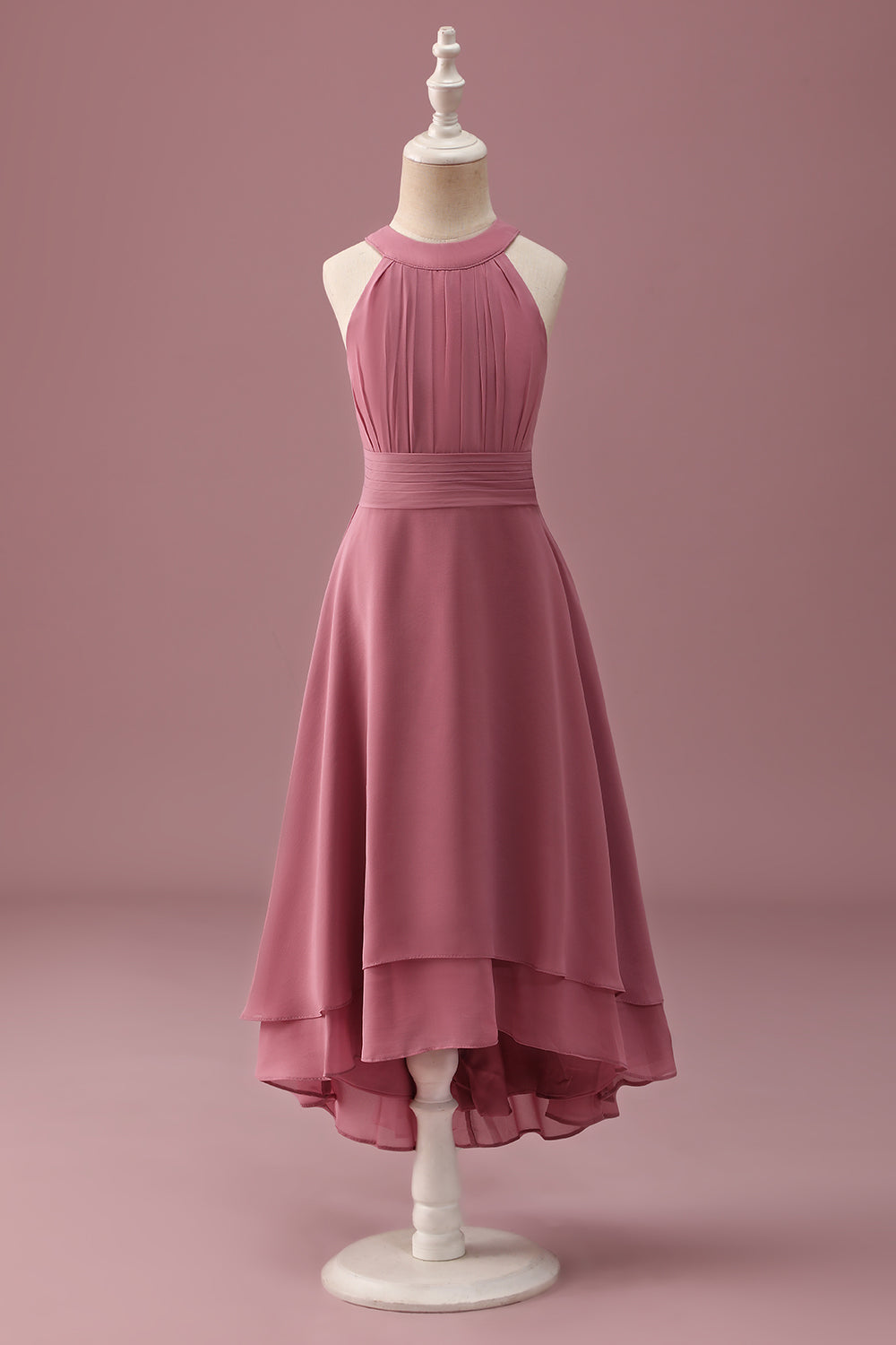 Leely Women Desert Rose Junior Bridesmaid Dress Halter Chiffon A Line Ruffles High Low Wedding Guest Dress