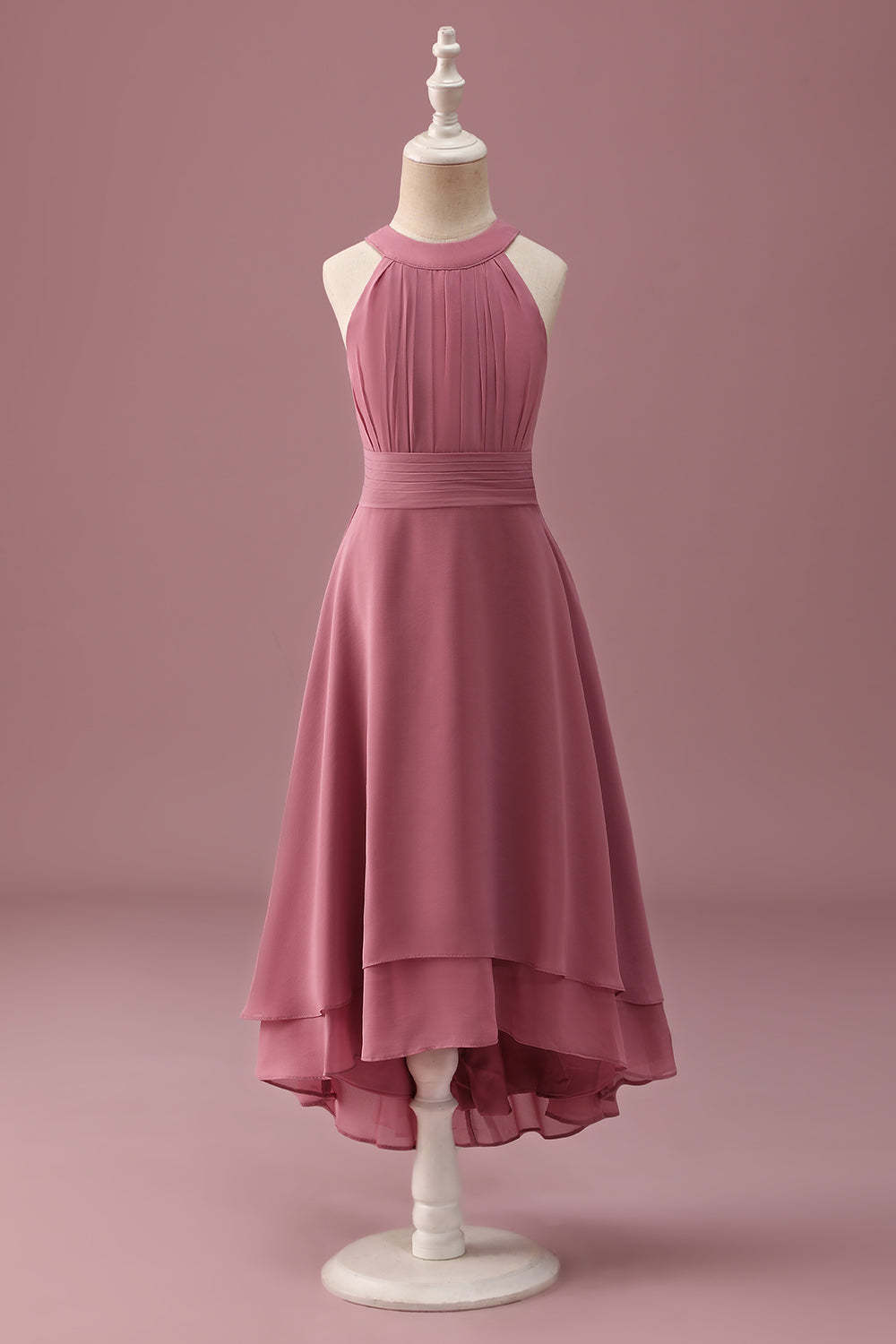 Leely Women Desert Rose Junior Bridesmaid Dress Halter Chiffon A Line Ruffles High Low Wedding Guest Dress
