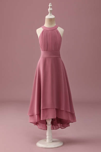 Leely Women Desert Rose Junior Bridesmaid Dress Halter Chiffon A Line Ruffles High Low Wedding Guest Dress