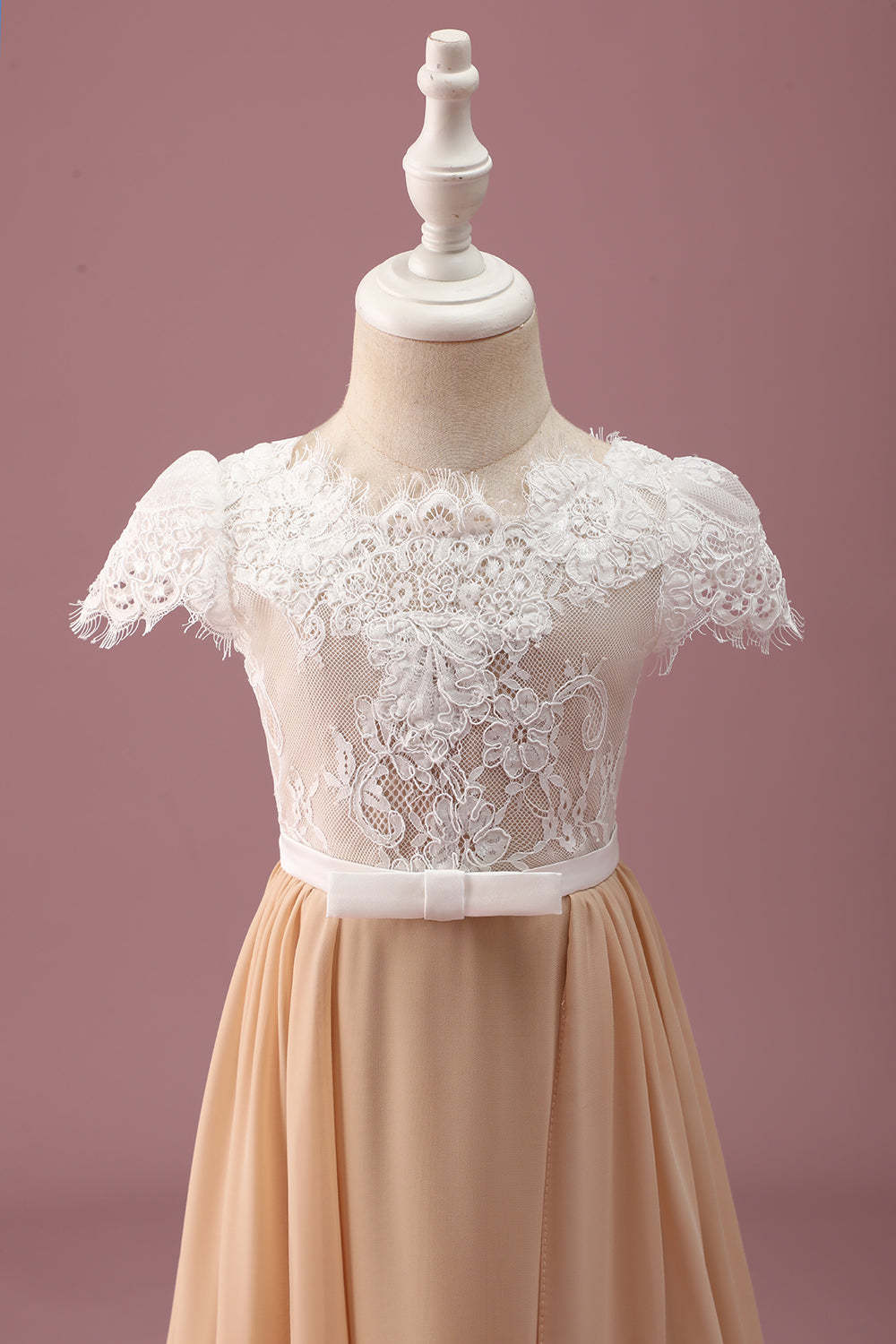 Champagne A Line Lace Junior Maxi Bridesmaid Dress