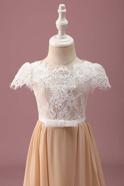 Champagne A Line Lace Junior Maxi Bridesmaid Dress