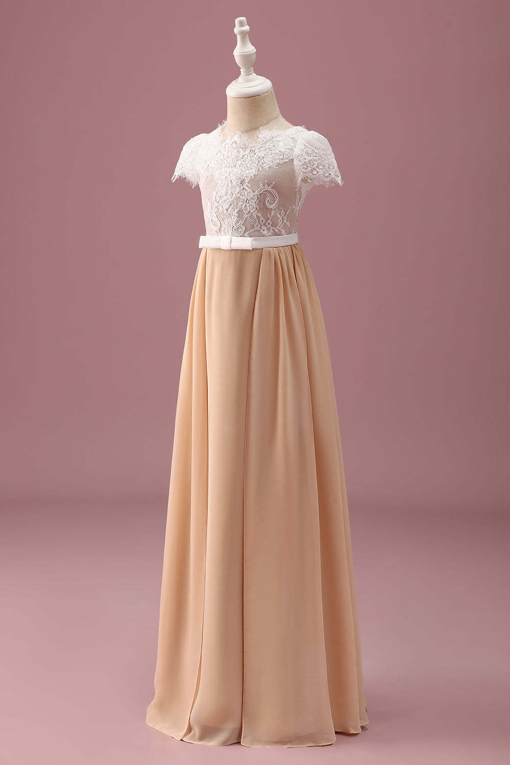Champagne A Line Lace Junior Maxi Bridesmaid Dress