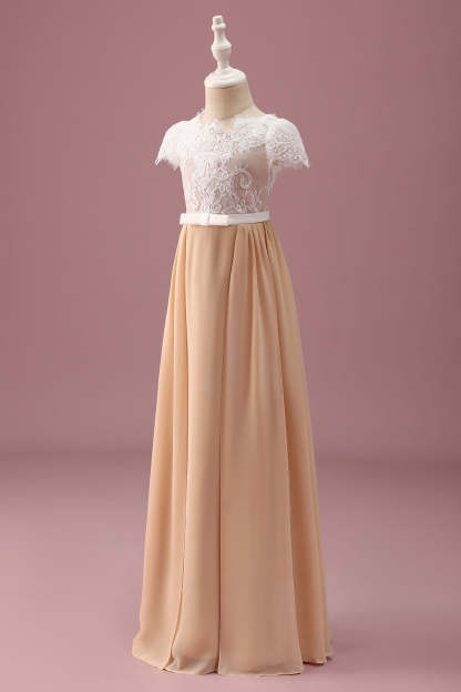 Champagne A Line Lace Junior Maxi Bridesmaid Dress