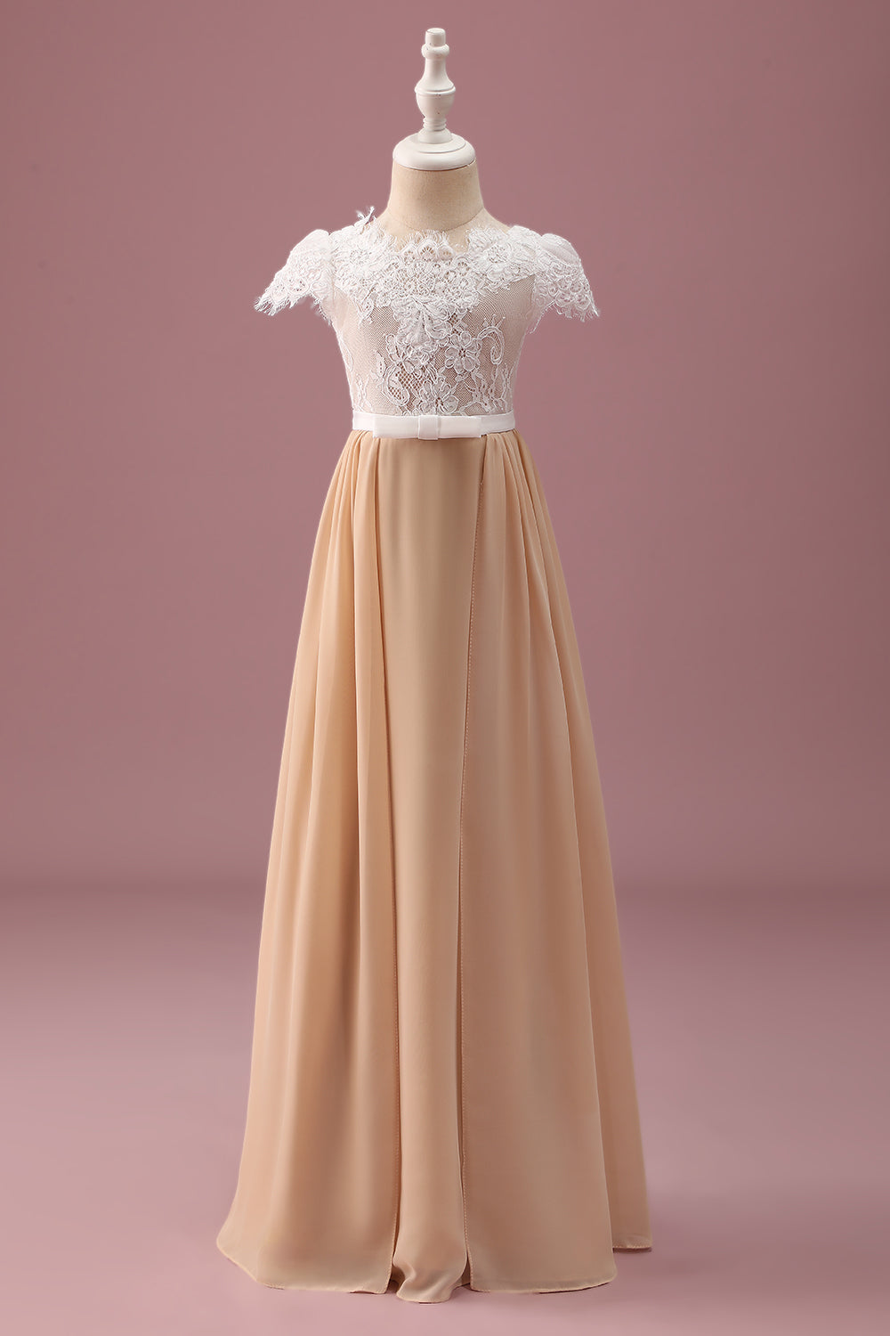 Leely Women Champagne Junior Bridesmaid Dress With Short Sleeves A Line Lace Maxi Wedding Guest Dress