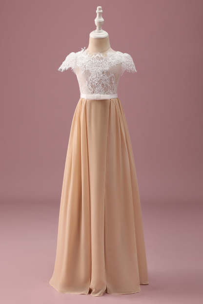 Leely Women Champagne Junior Bridesmaid Dress With Short Sleeves A Line Lace Maxi Wedding Guest Dress