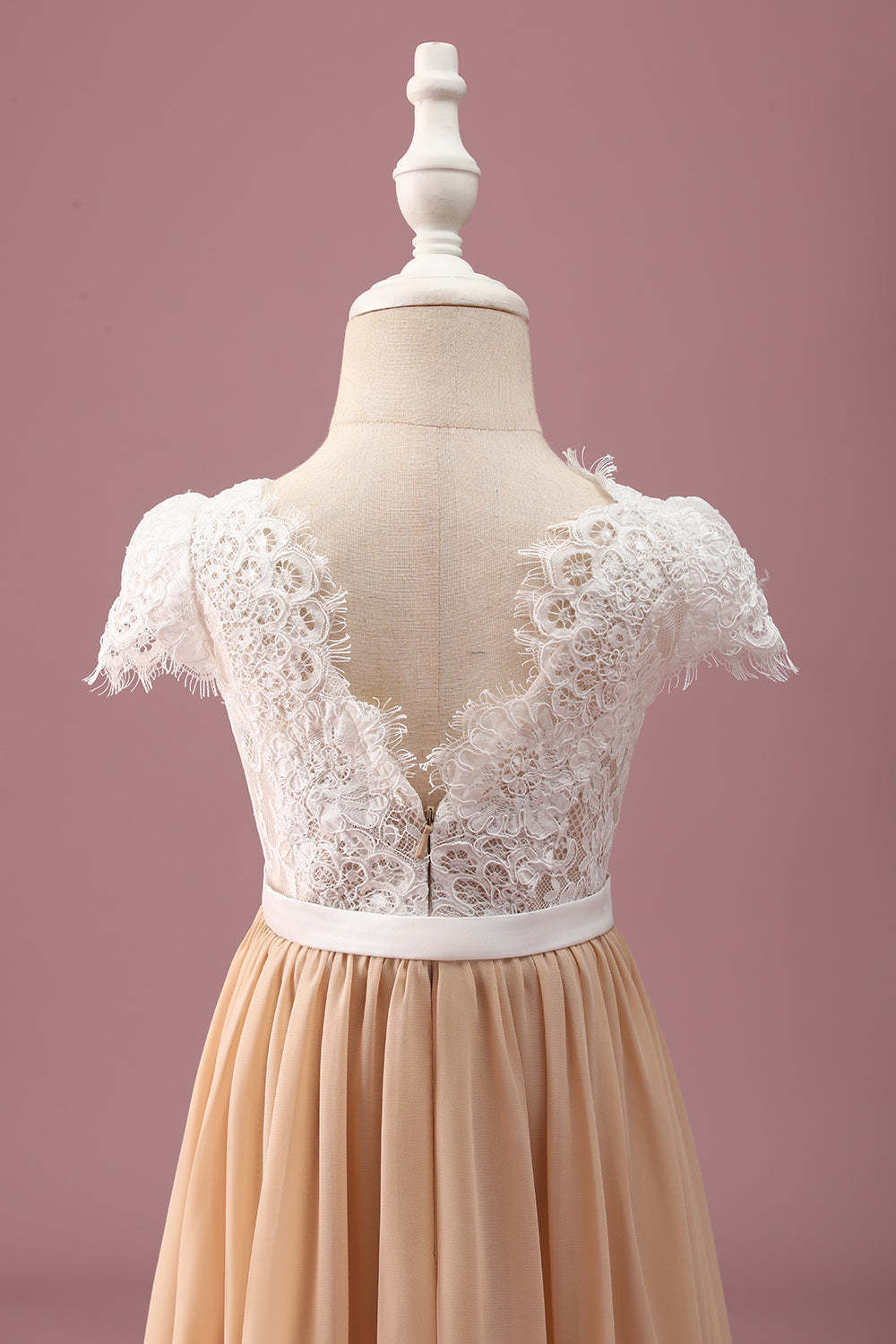 Champagne A Line Lace Junior Maxi Bridesmaid Dress