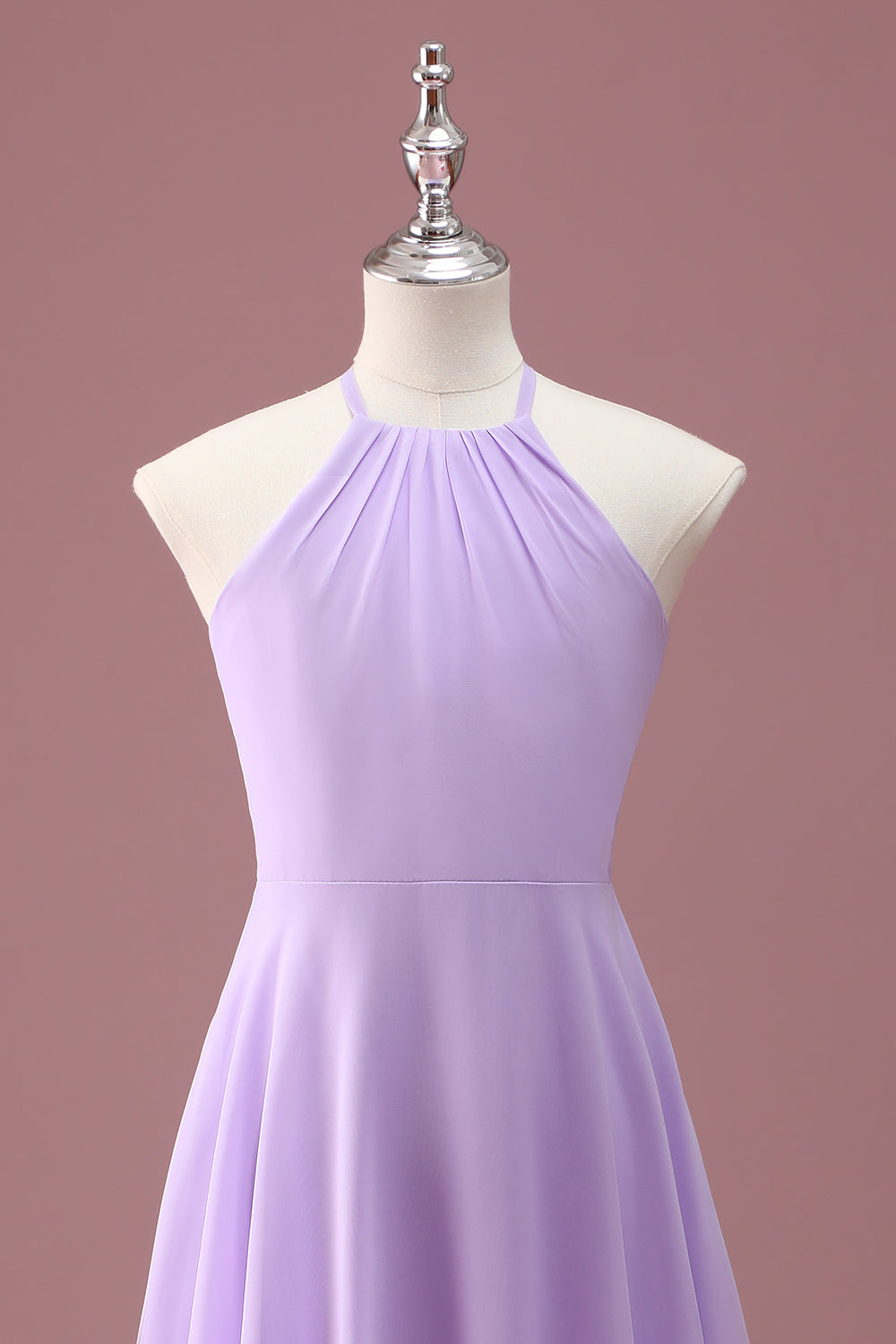 Lilac A Line Halter Ruched Knee Length Junior Bridesmaid Dress