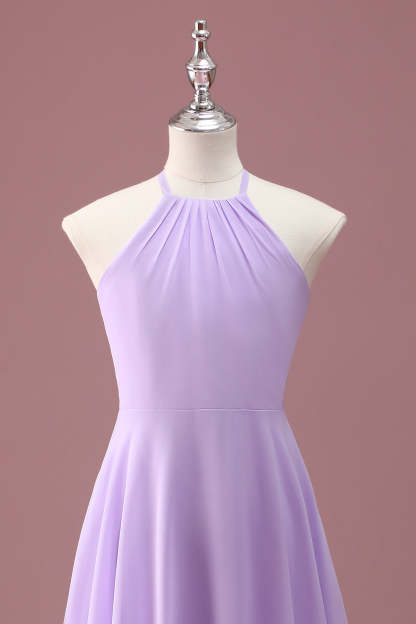 Lilac A Line Halter Ruched Knee Length Junior Bridesmaid Dress