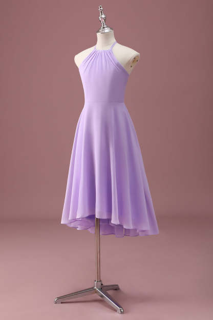 Lilac A Line Halter Ruched Knee Length Junior Bridesmaid Dress