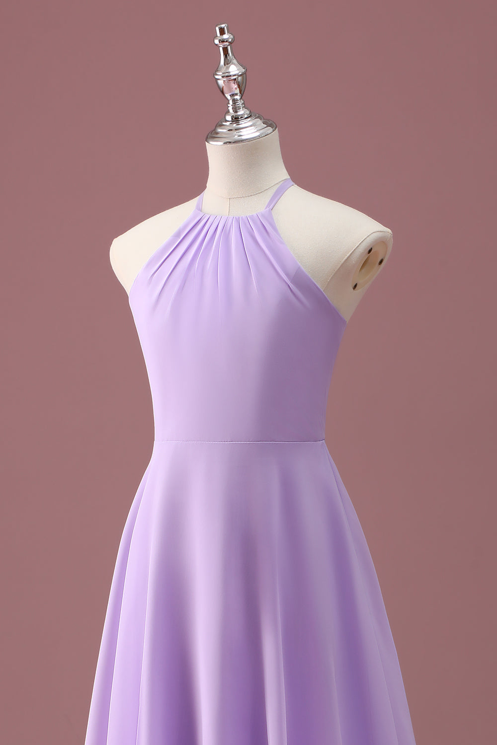 Lilac A Line Halter Ruched Knee Length Junior Bridesmaid Dress