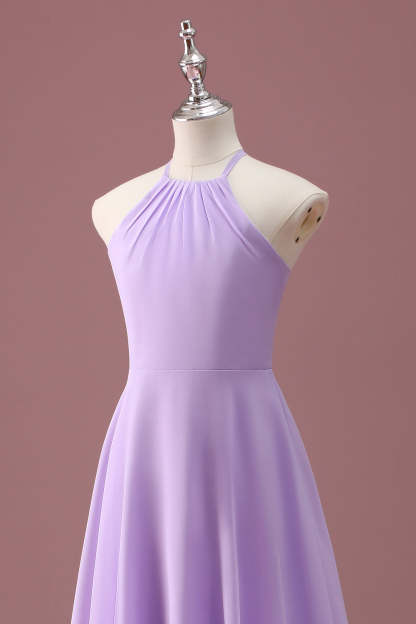 Lilac A Line Halter Ruched Knee Length Junior Bridesmaid Dress