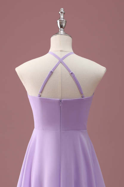 Lilac A Line Halter Ruched Knee Length Junior Bridesmaid Dress