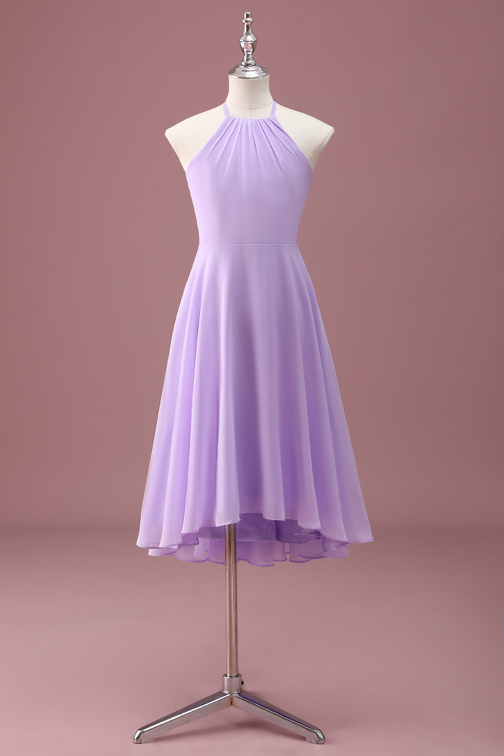 Leely Women Lilac Junior Bridesmaid Dress A Line Halter Chiffon Ruched Knee Length Wedding Guest Dress