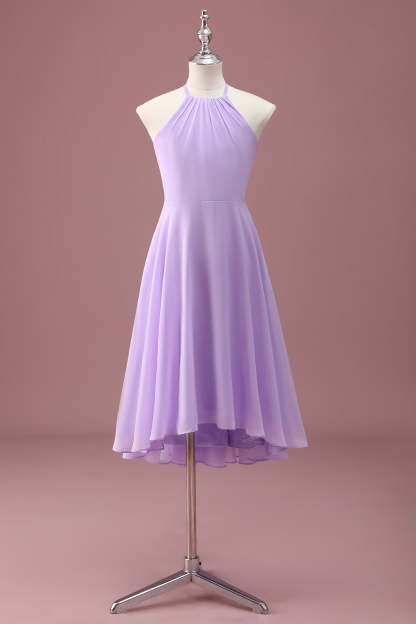 Leely Women Lilac Junior Bridesmaid Dress A Line Halter Chiffon Ruched Knee Length Wedding Guest Dress