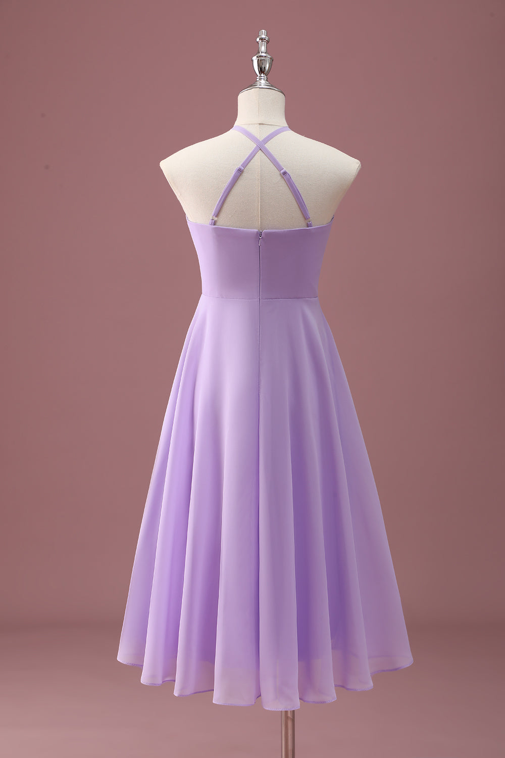 Lilac A Line Halter Ruched Knee Length Junior Bridesmaid Dress