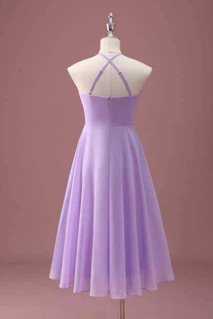 Lilac A Line Halter Ruched Knee Length Junior Bridesmaid Dress
