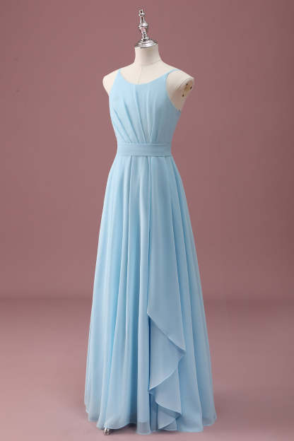 Sky Blue A Line Spaghetti Straps Ruffles Maxi Junior Bridesmaid Dress