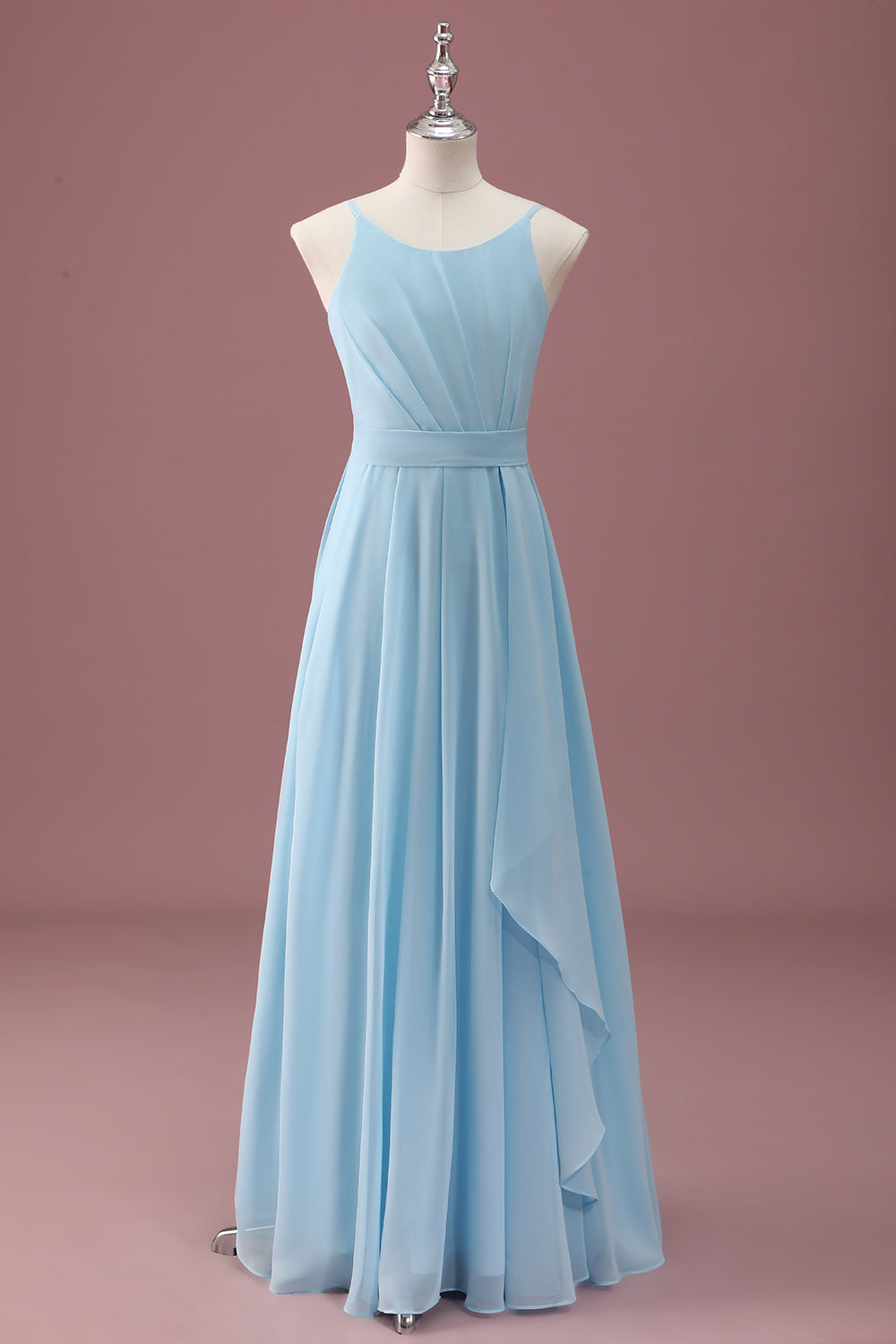 Leely Women Sky Blue Junior Bridesmaid Dress A Line Round Neck Spaghetti Straps Ruffles Maxi Wedding Guest Dress