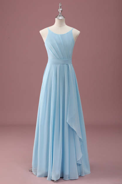 Leely Women Sky Blue Junior Bridesmaid Dress A Line Round Neck Spaghetti Straps Ruffles Maxi Wedding Guest Dress