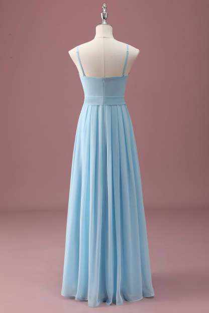 Sky Blue A Line Spaghetti Straps Ruffles Maxi Junior Bridesmaid Dress