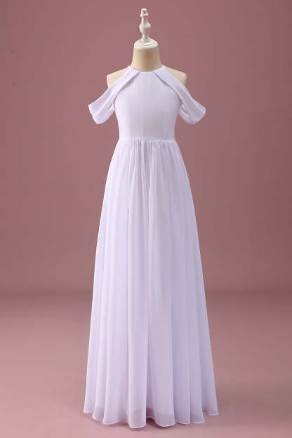 Leely Women White Junior Bridesmaid Dress A Line Halter Off The Shoulder Chiffon Ruched Wedding Guest Dress