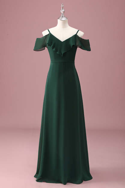 Leely Women Dark Green A Line Junior Bridesmaid Dress V-Neck Off The Shoulder Spaghetti Straps Ruffles Wedding Guest Dress