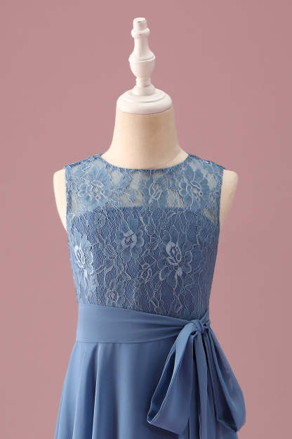 Dusty Blue A Line Lace Chiffon Ruffles Junior Bridesmaid Dress With Sash