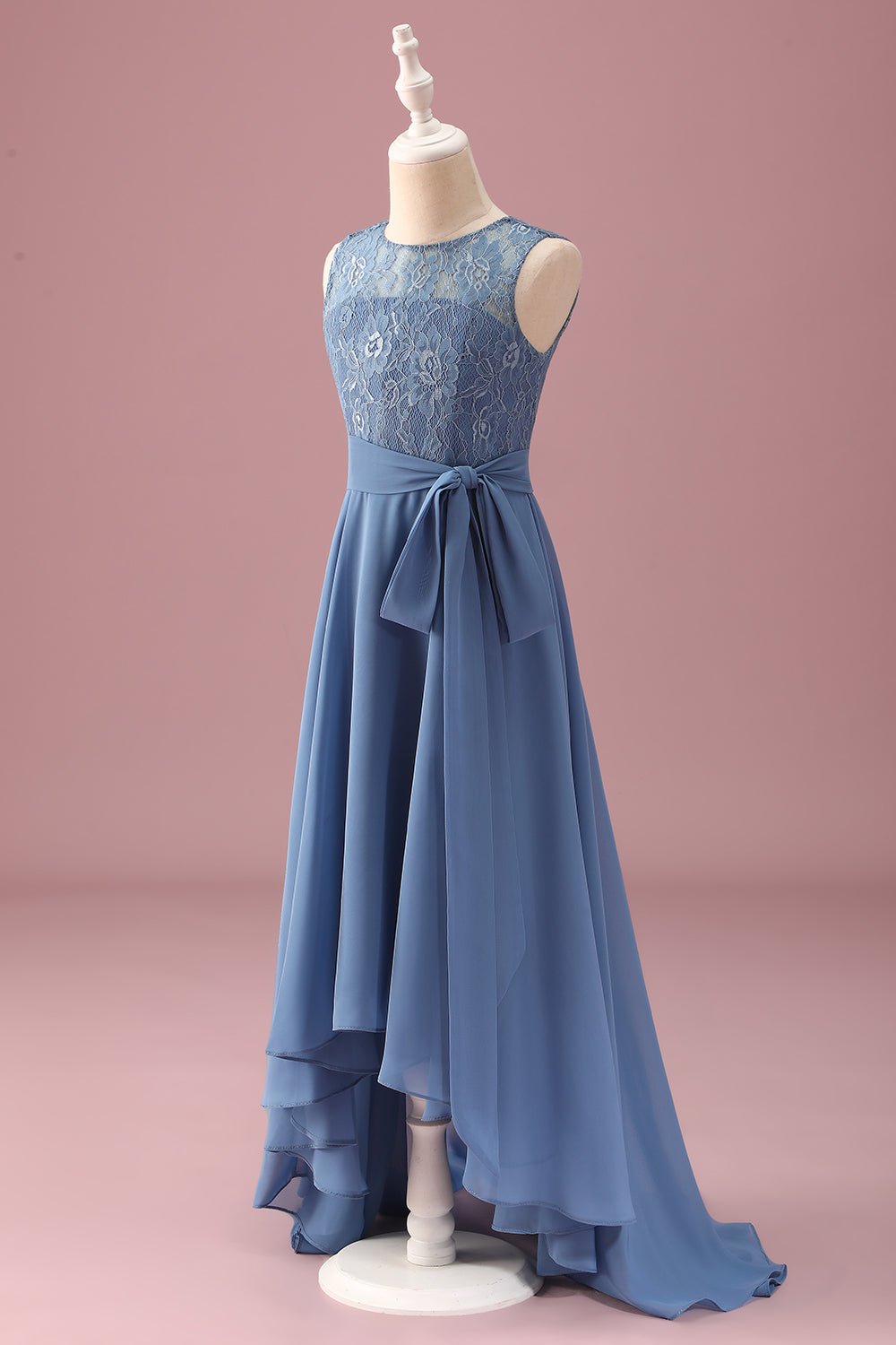 Dusty Blue A Line Lace Chiffon Ruffles Junior Bridesmaid Dress With Sash