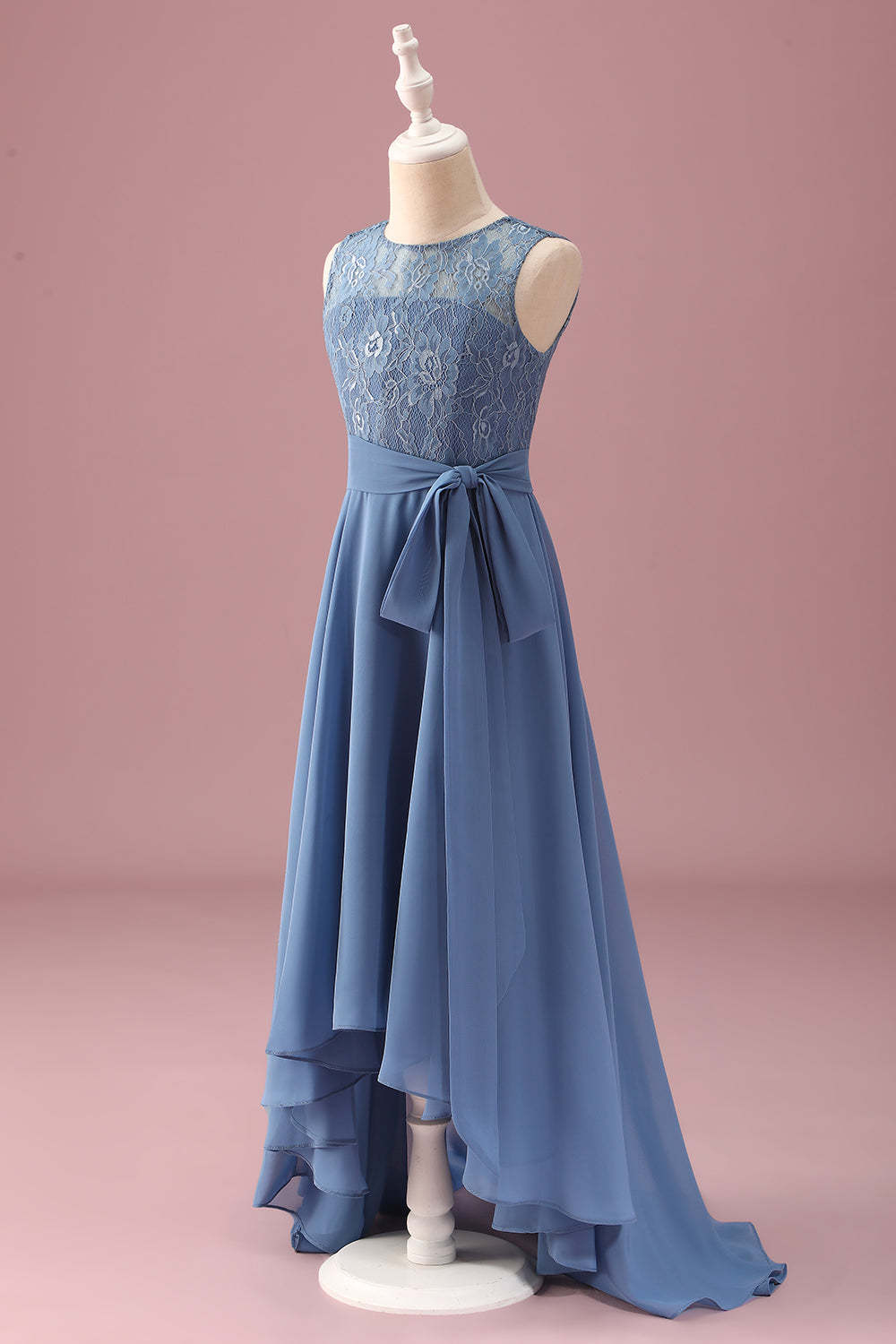Dusty Blue A Line Lace Chiffon Ruffles Junior Bridesmaid Dress With Sash