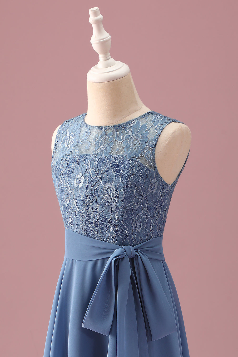 Dusty Blue A Line Lace Chiffon Ruffles Junior Bridesmaid Dress With Sash