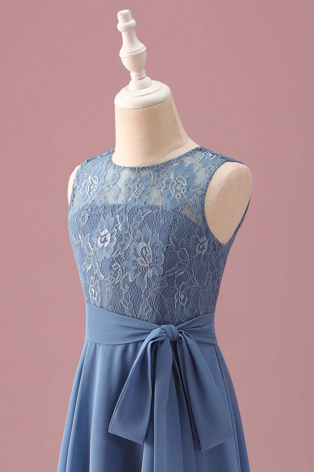 Dusty Blue A Line Lace Chiffon Ruffles Junior Bridesmaid Dress With Sash