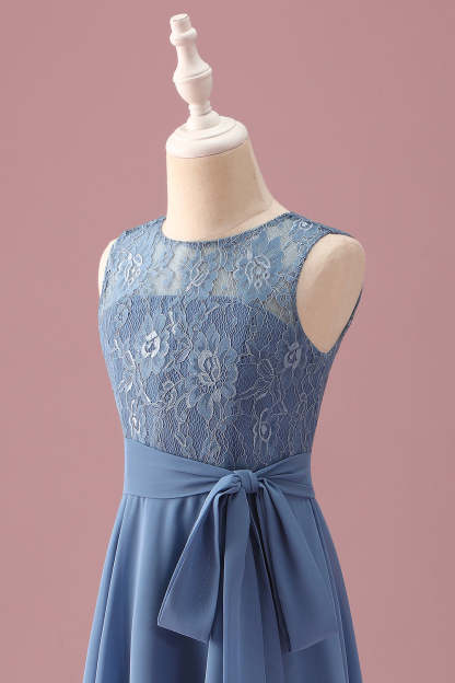Dusty Blue A Line Lace Chiffon Ruffles Junior Bridesmaid Dress With Sash