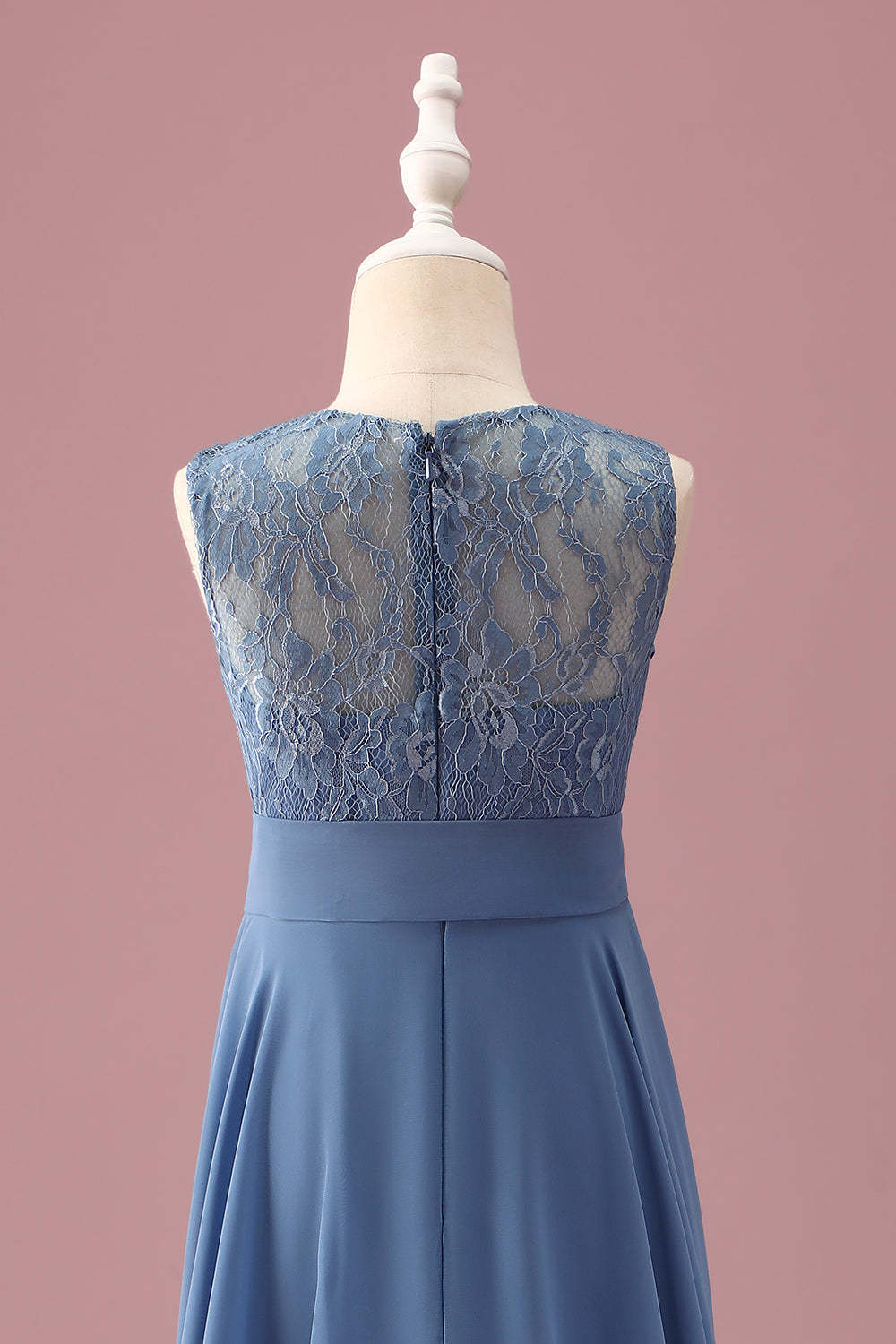 Dusty Blue A Line Lace Chiffon Ruffles Junior Bridesmaid Dress With Sash