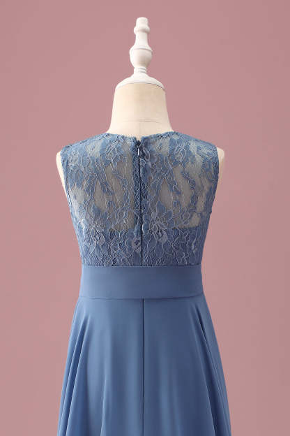 Dusty Blue A Line Lace Chiffon Ruffles Junior Bridesmaid Dress With Sash