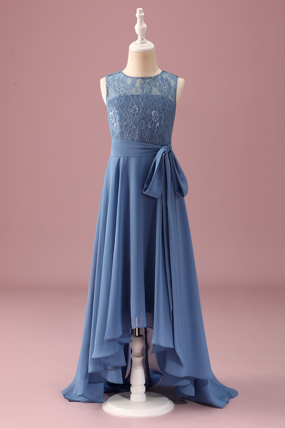 Dusty Blue A Line Lace Chiffon Ruffles Junior Bridesmaid Dress With Sash