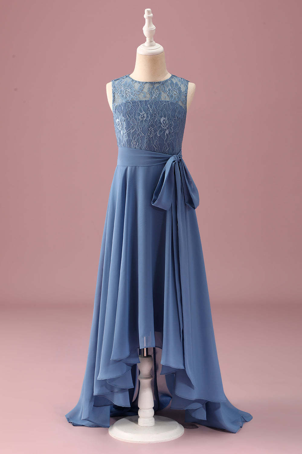 Leely Women Dusty Blue Junior Bridesmaid Dress With Belt A Line Lace Chiffon Ruffles High Low Wedding Guest Dress