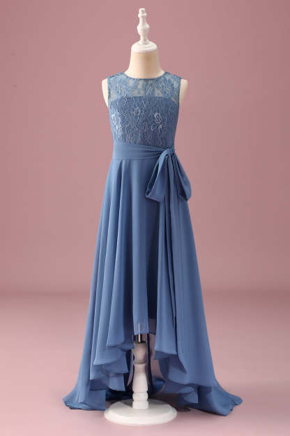 Leely Women Dusty Blue Junior Bridesmaid Dress With Belt A Line Lace Chiffon Ruffles High Low Wedding Guest Dress