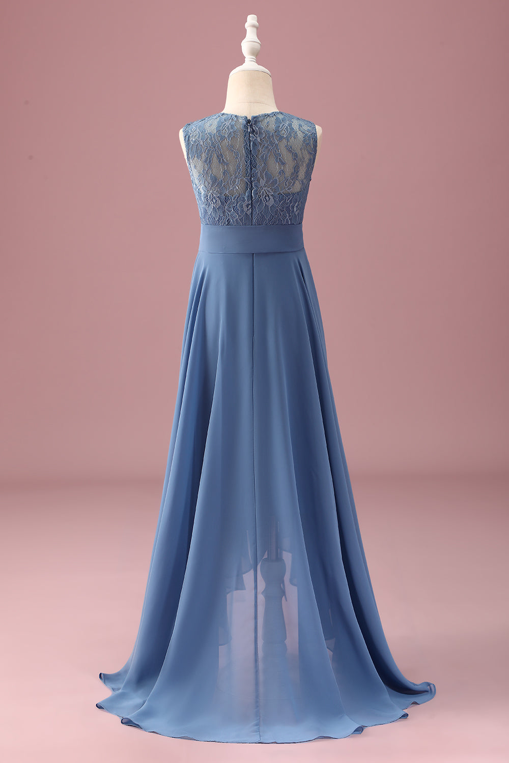 Dusty Blue A Line Lace Chiffon Ruffles Junior Bridesmaid Dress With Sash