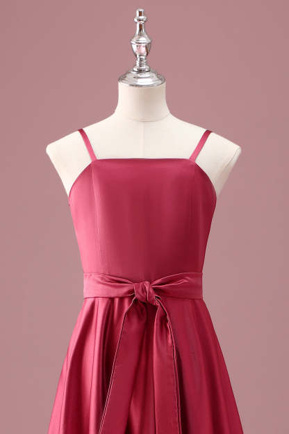 Dark Red A Line Spaghetti Straps Junior Bridesmaid Dress with Sash