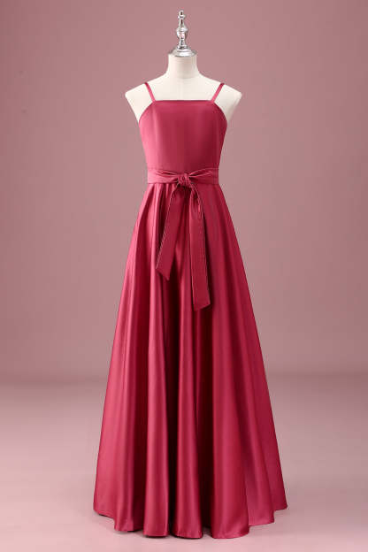 Leely Women Dark Red Junior Bridesmaid Dress With Sash A Line Spaghetti Straps Ruched Wedding Guest Dress