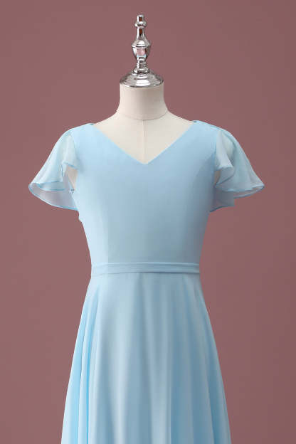Sky Blue A Line V-Neck Ruched Chiffon Junior Bridesmaid Dress