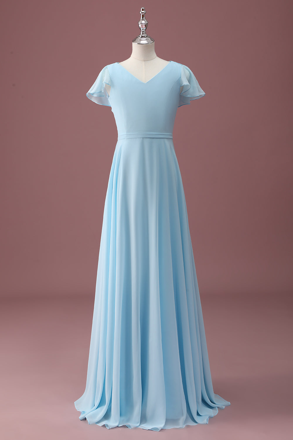 Leely Women Sky Blue Junior Bridesmaid Dress With Short Sleeves A Line V-Neck Ruched Chiffon Wedding Guest Dress
