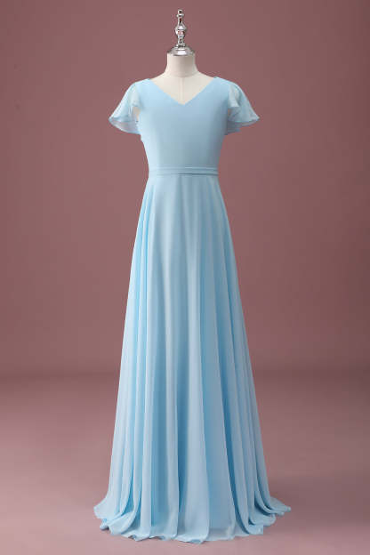 Leely Women Sky Blue Junior Bridesmaid Dress With Short Sleeves A Line V-Neck Ruched Chiffon Wedding Guest Dress